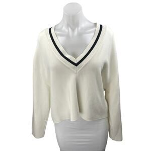 DX Collection Women's White V-neck Long Sleeve Knit Cropped Sweater Top Size M